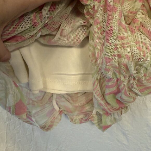 Madden NYC Bodycon Dress XS Ruched Pink Green Swirl Y2K Milkmaid Sheer Mesh Sexy - Picture 14 of 14